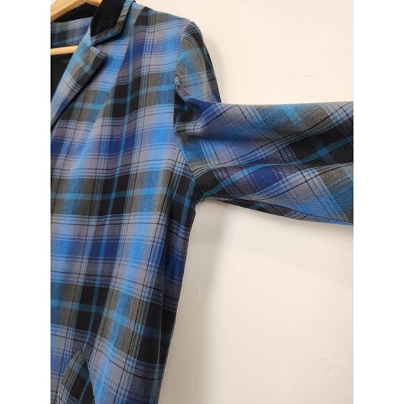 Vtg 60s Blue Shadow Plaid Lightweight Long Coat Black Velvet Collar Union Made - Picture 13 of 15